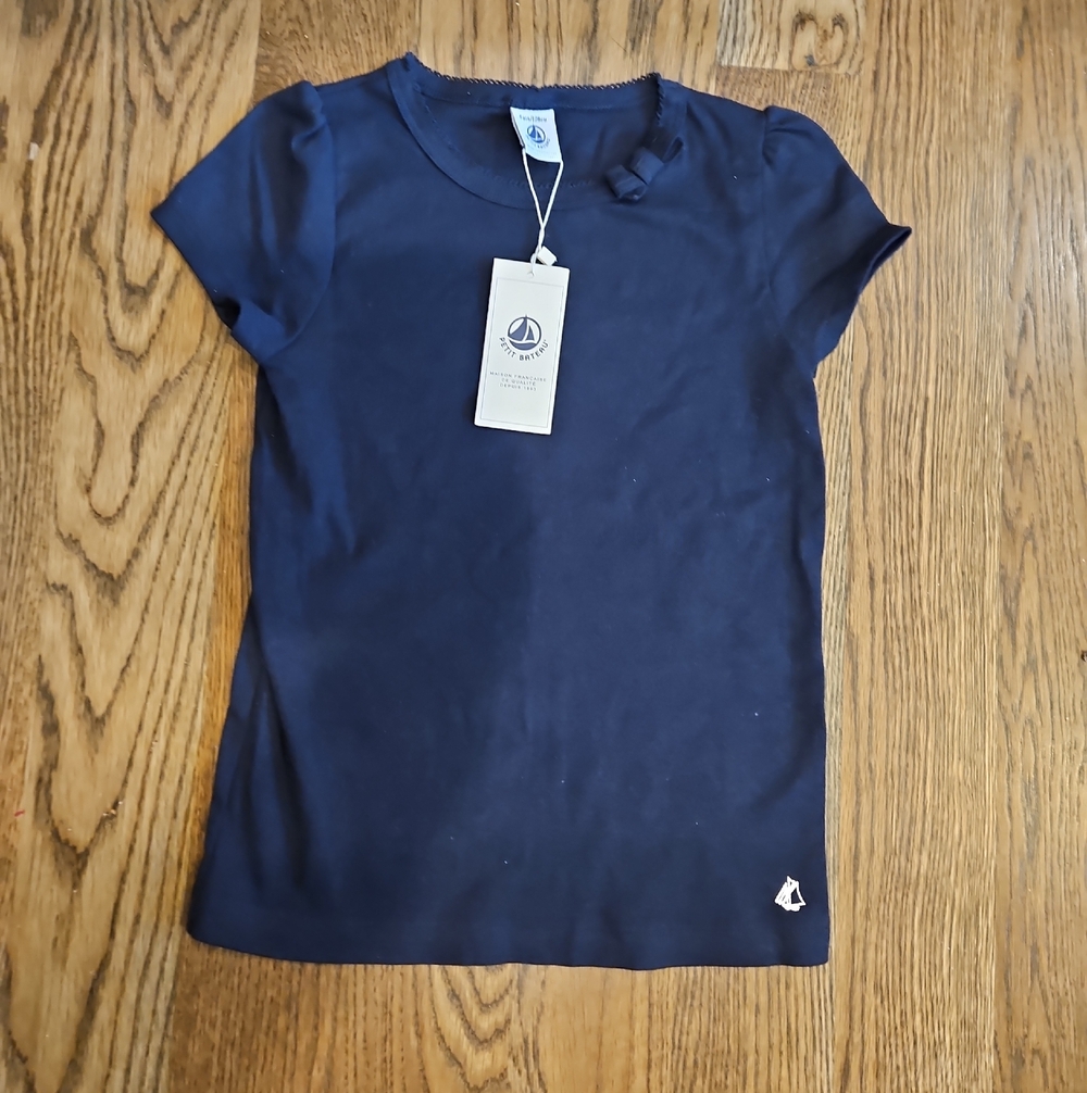 Petit Bateau Girls' Navy Short Sleeve Tee Dark Blue BOW DETAIL size 8  128cm